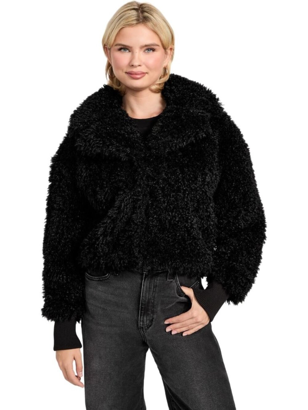 Guess Women's Jet Black Flavie Notch Collar Long Sleeve Faux Fur Crop Jackets